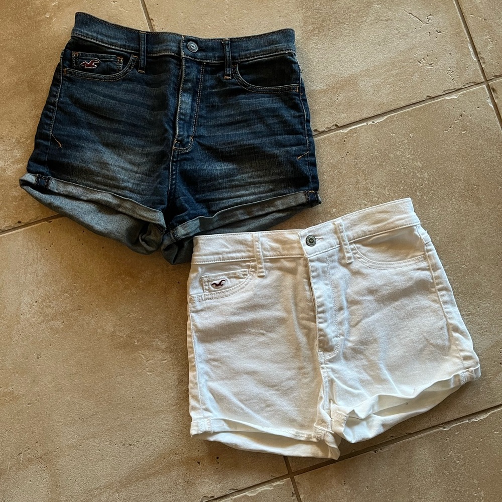 2 pairs of Hollister Blue and White Jean Shorts High-Rise Relaxed Fit